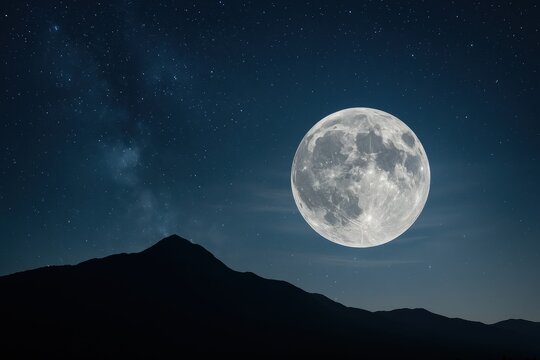 Luminous supermoon rising over a quiet mountain ridge with thin clouds and crisp stars night landscape long exposure serene celestial scene