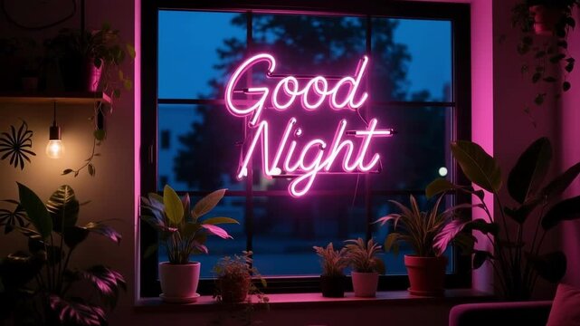 Glowing pink neon sign with text good night in cozy room with plants
