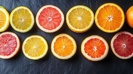 Assortment of fresh citrus fruit slices arranged in rows on a dark textured surface