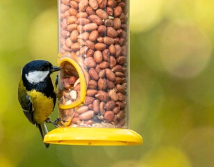 Bird feeding from a peanut feeder