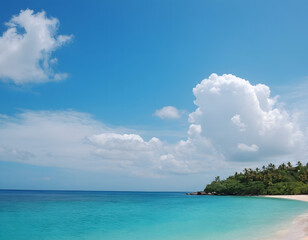 Fototapeta premium Tropical beach panorama, featuring a seascape with a wide horizon that showcases the beautiful expanse of the sky meeting the sea. Tropical beach with blue sky and clouds.