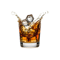 Whiskey with ice cubes splashing in a glass &ndash; isolated on white background, sharp details, frozen moment, realistic rendering