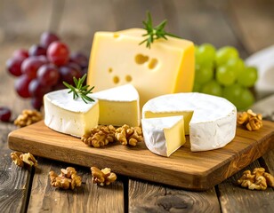 Assorted cheeses and grapes on a wooden board (1)