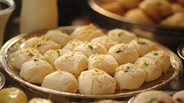 Closeup footage of milk and guar sandesh at display
