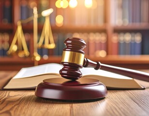 Gavel and law books on a wooden table in a courtroom