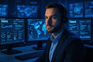 Fototapeta premium Focused cybersecurity analyst in blue lit security operations center monitors threat dashboards and live network maps professional portrait with cinematic depth