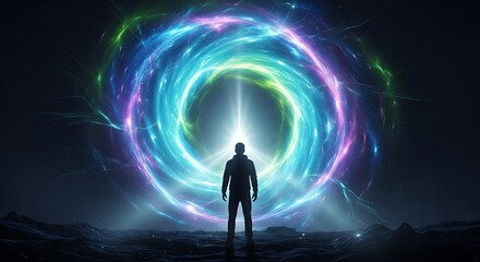 Silhouette of Person Standing Before a Massive Glowing Colorful Spiral Portal in Deep Space
