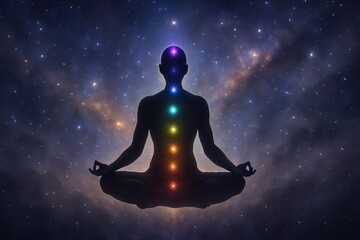 Cosmic meditation aura with chakra energy flowing through serene silhouette against nebula stars mindfulness and spiritual awakening background
