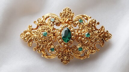Obraz premium Gold brooch with emerald-green stones, ornate filigree design
