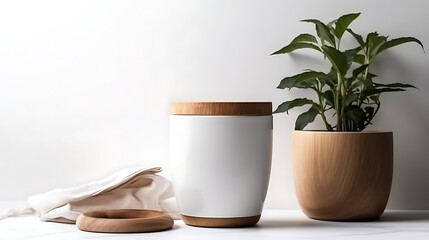 Minimalist white ceramic travel mug with wooden lid next to a potted green plant