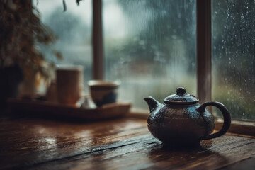 A steaming teapot sits on a wooden table near the window. Rain streaks down the glass
