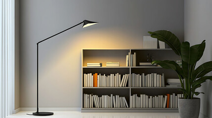 Slim black floor lamp with an angular arm, lighting a minimalist corner bookshelf in a soft gray and white office