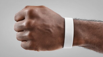 Man wearing a modern white fitness tracker on his wrist with a gray background and an olive green long sleeve