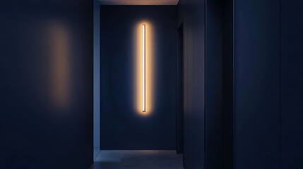 Slim rectangular LED lamp integrated into a vertical wall panel, casting indirect light in a dark navy blue hallway