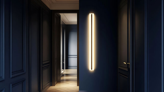 Slim rectangular LED lamp integrated into a vertical wall panel, casting indirect light in a dark navy blue hallway