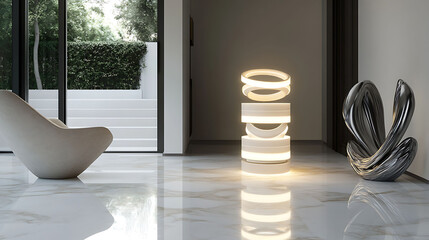 Stacked ring LED lamp in soft ivory, standing tall on a marble floor near a sculptural chair in a modern entryway