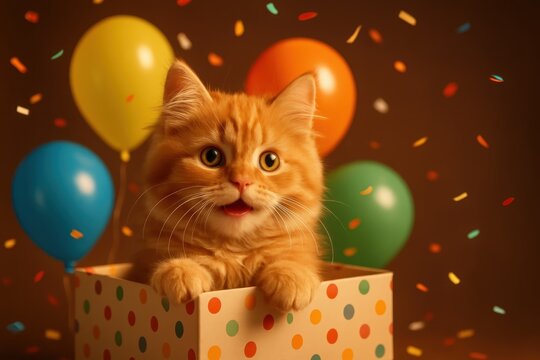 Playful kitten peeking from a gift box with rainbow balloons confetti and streamers in a cozy living room birthday celebration festive joyful mood