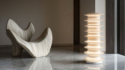Stacked ring LED lamp in soft ivory, standing tall on a marble floor near a sculptural chair in a modern entryway