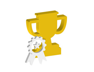 Simple 3D illustration of a trophy and medal with a star icon. Transparent background in PNG format.