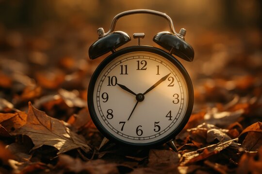 Analog clock among autumn leaves with warm sunbeam illustrating daylight saving time transition from fall to winter seasonal change backdrop