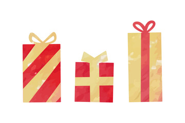 Hand-drawn vector illustration of wrapped gift boxes with ribbons isolated on background.