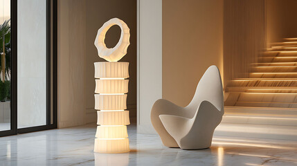 Stacked ring LED lamp in soft ivory, standing tall on a marble floor near a sculptural chair in a modern entryway