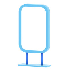 3D illustration of a vertical blue signboard with blank white frame, isolated on transparent background, modern advertising or poster mockup for branding and promotion.