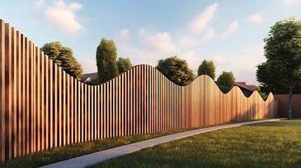 Serene suburban scene featuring a creatively designed undulating wooden fence and lush lawn