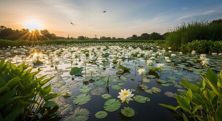 Expansive sunny landscape of a pond filled with white water lilies and lush green foliage