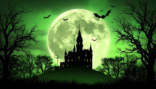 Spooky night scene featuring a dark castle silhouetted against a vibrant green moon, with bats and bare trees