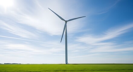 A single wind turbine stands tall in a green field under a bright blue sky with wispy clouds.