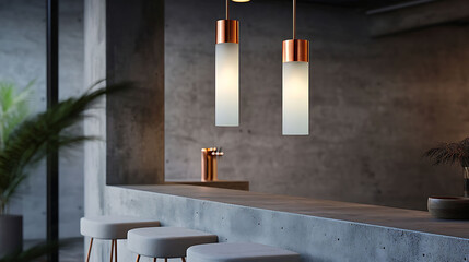 Suspended cylindrical pendant lamp in frosted glass and copper detail, hanging over a concrete bar counter with minimalist stools