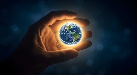 A male hand holding glowing Earth-shaped puzzle piece, symbol of unity.