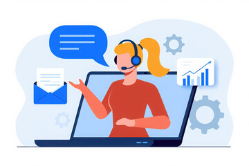 Customer service representative with headset on laptop screen offering support
