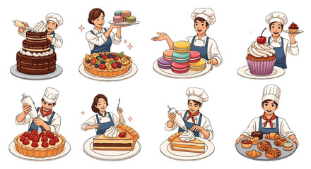 Collection of cheerful bakers preparing and presenting delicious