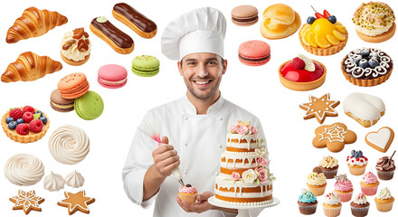 Chef decorating a cake surrounded by assorted French pastries macarons