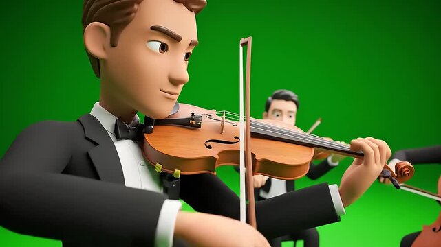 3D Cartoon String Quartet Violinists and Cellist Performing on Green Screen