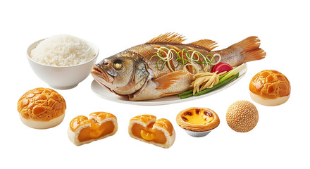 Traditional Asian Meal Whole Steamed Fish with Rice Egg Tarts and