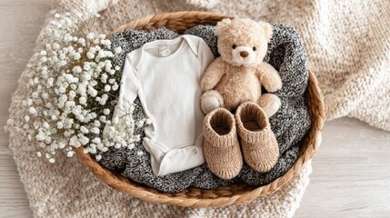New Arrival Nursery Arrangement: A tender scene of anticipation. A woven basket holds a pristine onesie, a fluffy teddy bear, and tiny knitted booties. Generative Ai
