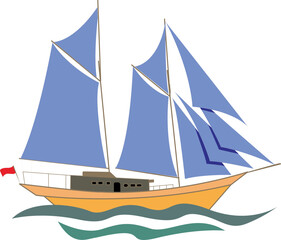 Vector illustration of a traditional sailing ship with blue sails and yellow hull floating on the sea in a simple flat style