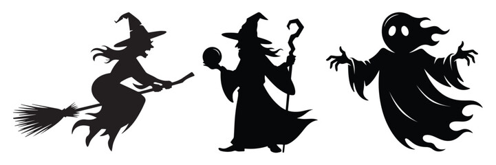 Three Halloween witch and ghost silhouettes vector illustration isolated on white background
