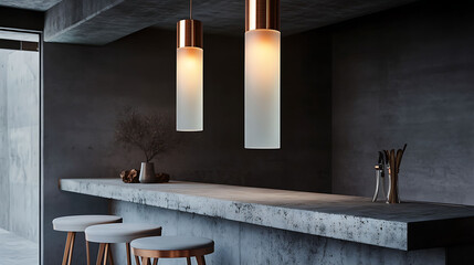 Suspended cylindrical pendant lamp in frosted glass and copper detail, hanging over a concrete bar counter with minimalist stools
