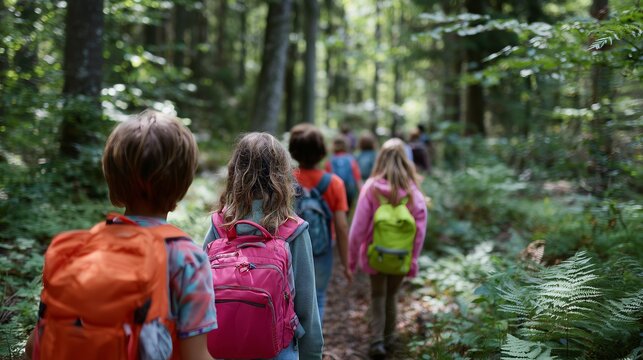 Group of children with backpacks exploring a lush green forest trail, enjoying an outdoor hiking adventure together.