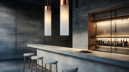 Suspended cylindrical pendant lamp in frosted glass and copper detail, hanging over a concrete bar counter with minimalist stools
