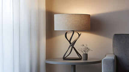 Table lamp with a sculptural twisted metal frame and soft linen shade, placed on a minimal side table with muted decor