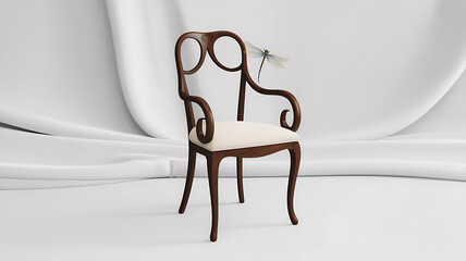 Elegant Wooden Chair with White Cushion and Dragonfly on Backrest