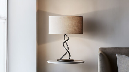 Table lamp with a sculptural twisted metal frame and soft linen shade, placed on a minimal side table with muted decor
