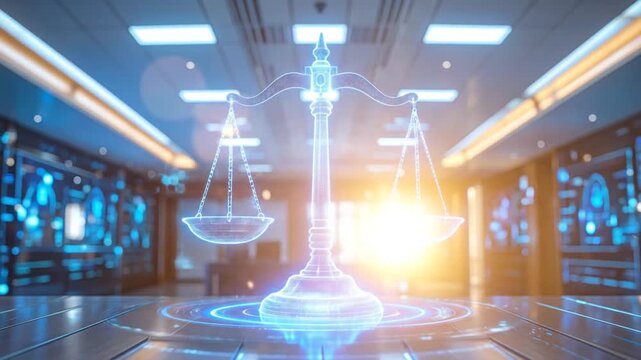 Futuristic digital scales in high-tech laboratory setting with glowing blue lines.