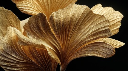 Elegant, intricate golden Ginkgo biloba leaves against a stark black background.