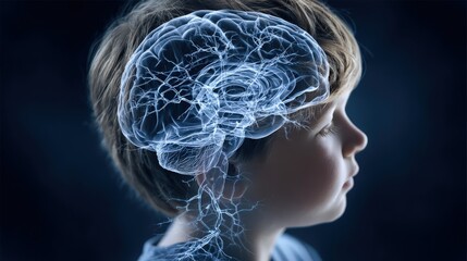 Mind's Eye: A young child's profile reveals the intricate beauty of the brain's neural network, highlighting the wonder of the mind. Generative Ai